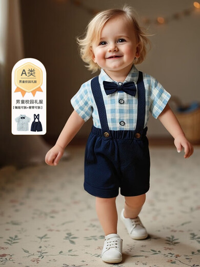 Xin Yueqing one-year-old dress children's clothing children's bow tie shirt overalls suit boys campus Children's Day performance park clothing B1905 top + pants + bow tie + suspenders 73 73CM