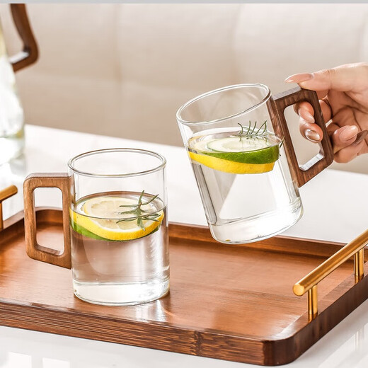 MIDOC high borosilicate glass household tea cup for guests, high-end green tea cup, water cup set, drinking cup, water set, high-looking soot wooden handle cup * 6 + black frame + portable tray