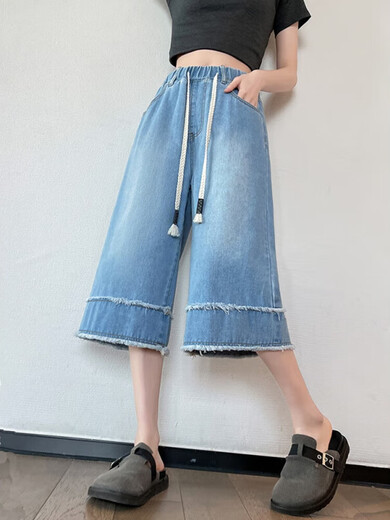 Jingluoya Fat mm Large Size Denim Cropped Pants Women's Medium Pants Summer Thin Wide Legs Loose Tight High Waist Slimming 200 Jin Jin equals 0.5 kg 6629 Blue Cropped Jeans 4XL Recommended 161 Jin Jin equals 0.5 kg -180 Jin Jin equals 0.5 kg