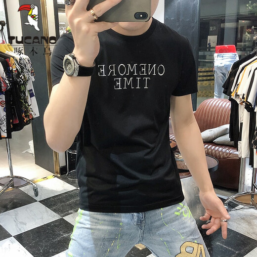 啄木鸟（TUCANO）t恤男士2025夏季新款短袖T恤男修身个性刺绣烫钻欧货丝光棉体恤男 724闪电R黑色 6XL