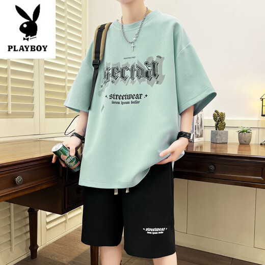 花花公子（PLAYBOY）夏季新款短袖t恤男初中高中学生运动套装青少年潮流帅气大童夏装 NZJ-6626白色(上衣+短裤) M 75至105斤