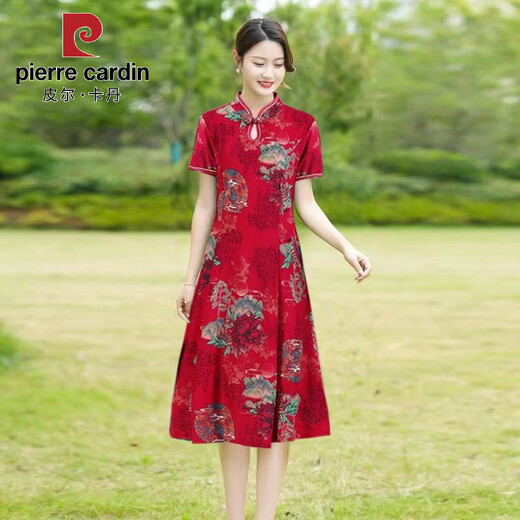 Pierre Cardin cheongsam women's mid-length summer women's wear 2025 new middle-aged mother short-sleeved cheongsam dress improved retro dress 698 green XL recommended 90-110Jin Jin equals 0.5 kg