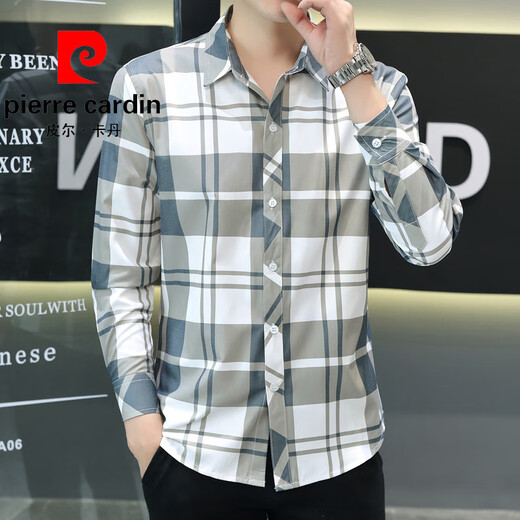 皮尔卡丹（pierre cardin）夏季新款冰丝长袖衬衫男格子休闲衬衣上衣服薄款防晒外套潮流寸衣 灰色 【长袖】719 M 90-104斤