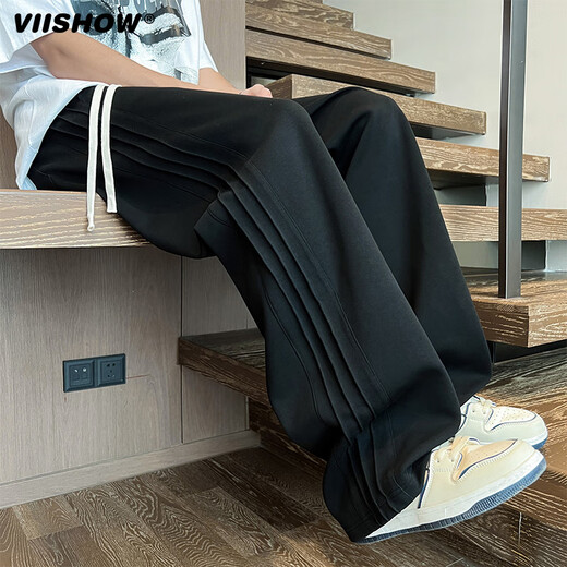 Viishow American striped design casual pants men's trendy brand drape straight floor-length mopping pants spring and autumn heavy loose sports pants black XL