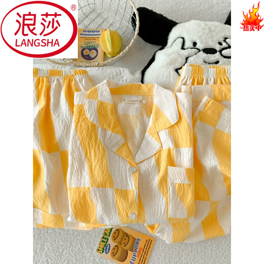 浪莎（LangSha）奶黄云朵纯棉纱睡衣女款夏季开衫短袖短裤三件套感甜美家居服 云朵棉-9905#黑爱心三件套 M 【建议75-100斤】