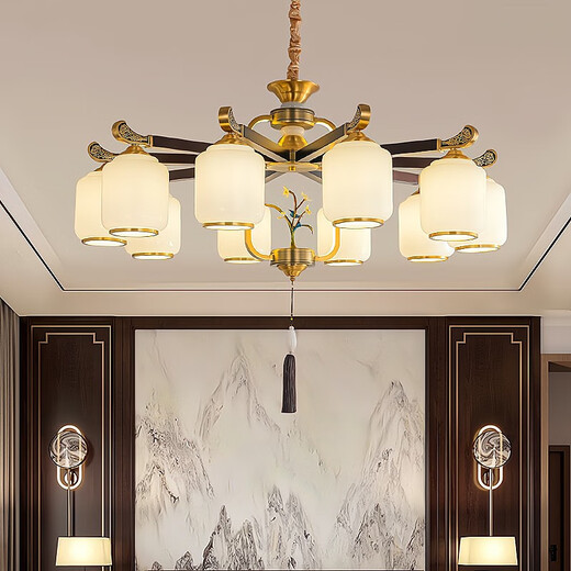 欧普照明（OPPLE）2025新款朝下全铜新中式客厅吊灯中国风高端大气别墅餐厅茶室大厅 9889-全铜6头 全光谱三色led灯