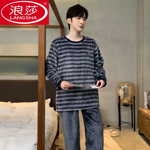 Langsha Herren-Pyjamas im Winter verdickte Korallenmerze gestreifte langärmelte Hauskleidung für Teenager können Winteranzüge 3890 Buchstaben 3xl tragen