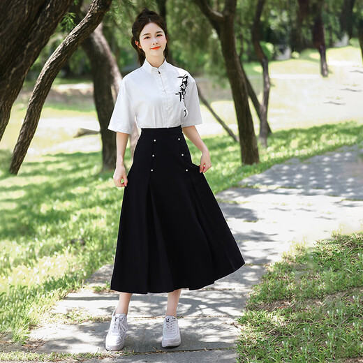 St. Luofeng antique uniforms, middle school student choir performance uniforms, junior high school student class uniforms, poetry recitation red song competition clothing, women's model, black bamboo long-sleeved top + pearl skirt L