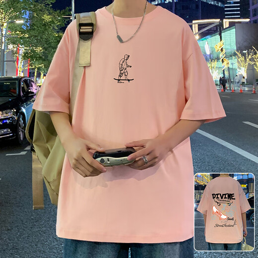 常缕竺纯棉T恤男潮牌潮流休闲宽松圆领短袖男生青少年夏季新款百搭体恤 3892粉红 XL 约140-160斤可穿