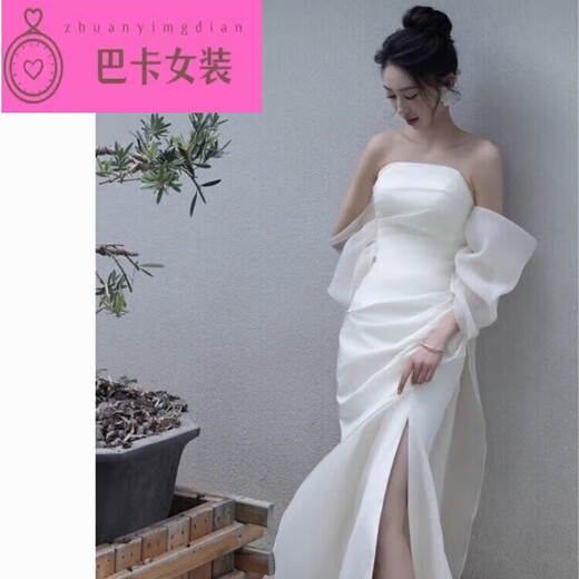 NJTD new Chinese dressing gown bride wedding toast wear engagement dress high-end light luxury niche French tube top dress for women white dress one size xl