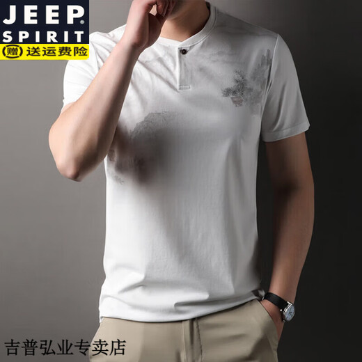 Jeep Spirit Estilo chino Landscape Camiseta estampada Camiseta Hombres 2025 Nuevo primavera y verano Henry Henry Neck Camisa de altura corta Diseño de camisa de media manga t White M 48