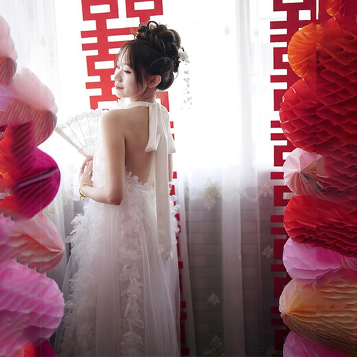 现宝莲法式新娘结婚晨袍睡裙白色轻婚纱礼服伴娘网纱连衣裙露背仙女长裙 白色 XL