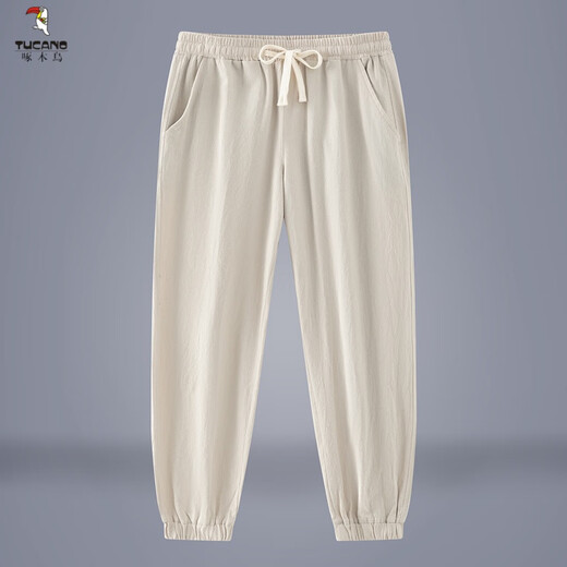 啄木鸟（TUCANO）亚麻裤子男夏季薄款棉麻裤中国风大码男裤束脚哈伦裤宽松休闲长裤 卡其色 M