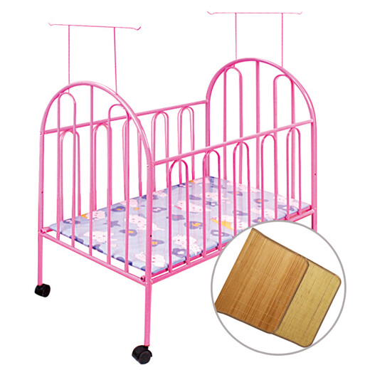 Xianxiang mobile crib with roller mosquito net for children and babies, environmentally friendly and odorless bb bed, multi-functional newborn large bed, iron bed, pink + mat