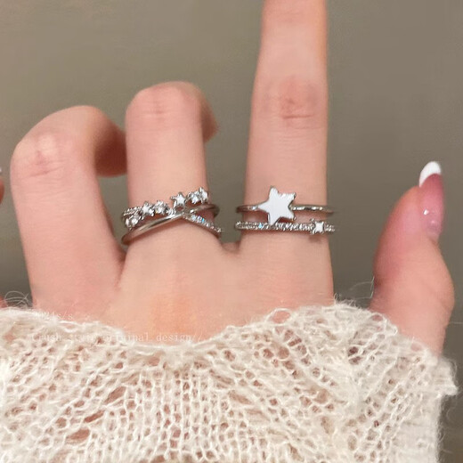 KZD999 sterling silver star zircon open ring female niche design student party light luxury decorative index finger ring star ring two-piece set same style