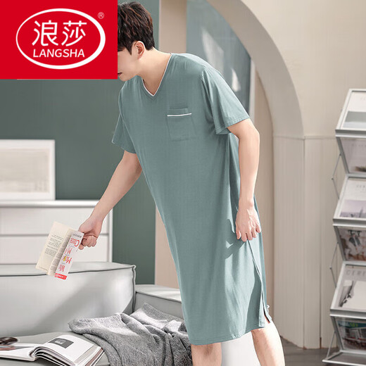 Langsha Men Camanos de una pieza Summer Summer Sail Silk Nightgown Modal de gran tamaño de gran tamaño Long Campo suelto 844 Gris oscuro L [recomendado 100-140Jin [Jin equivale a 0.5 kg]]]