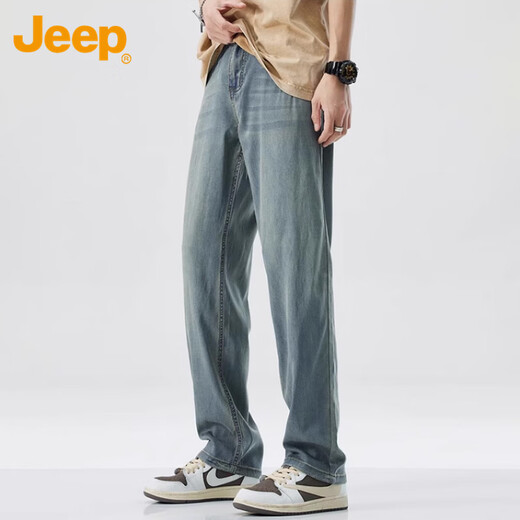 JEEP Ice Silk Jeans Herren Sommer Dünne Lyocell Casual Gerade Hosen Männer Retro Blau 32