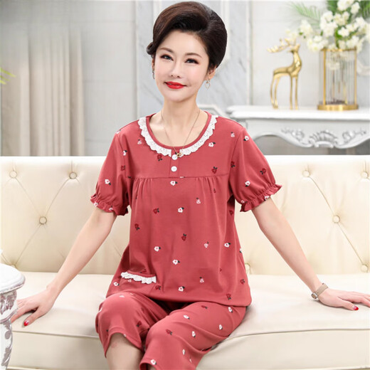 Langsha (Langsha) Pyjamas Mutter mittlerer Alters im Sommer dünne, reine Baumwolle kurzärmelige mittlere und ältere Sommer-zweiteilige Home Clothing Lotus Farbe NJR-TF3937 M [Empfohlen 80-100jin [Jin gleich 0,5 kg]]