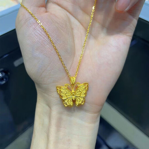 Puli 18k sand gold ancient filigree butterfly necklace women's gold-plated pendant retro temperament high-end clavicle chain jewelry filigree butterfly + o-shaped chain
