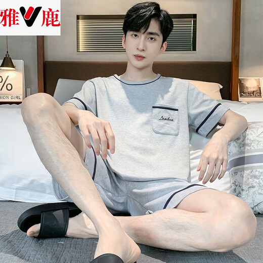 雅鹿男士睡衣夏季短袖短裤棉质青少年简约男夏背心大码中年家居服套装 9928 男士L码(适合95-120斤) 均码
