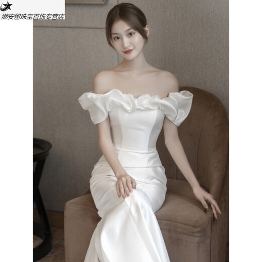 Chuangjingyi chooses light wedding dress, one-shoulder French light wedding dress, satin temperament, fishtail for bride, slimming, small tail, white S