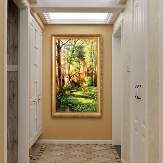 帝旗 高端原创手绘麋鹿风景油画欧式入户玄关装饰画走廊过道挂画竖版 692金实木框 80X160