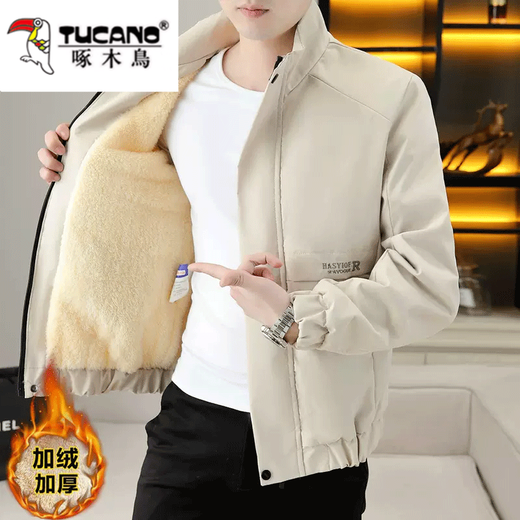 Woodpecker jacket men's autumn and winter 2025 velvet thickened trendy handsome casual versatile jacket tops young men's clothing K108/velvet/beige XL
