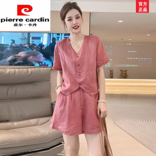 Pierre cardin cotton and linen set for women summer 2025 new European products casual, fashionable and fashionable loose shorts shorts two-piece set mustard green XL [recommended 110-125 Jin [Jin equals 0.5 kg]]