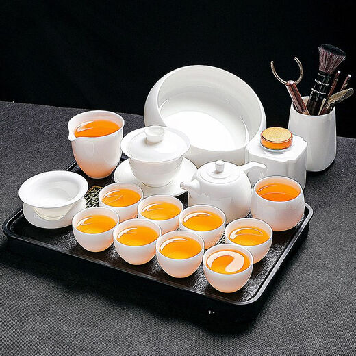 Tuojin German imported quality Dehua mutton-fat jade tea set household light luxury high-end white jade white porcelain kungfu teapot sweet white mutton-fat jade well railing teapot 10 pieces