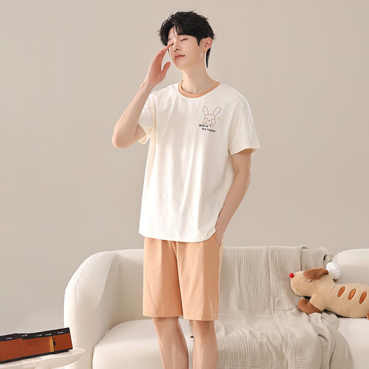 LangSha couple pajamas for women summer pure cotton short-sleeved cute cartoon sweet nightgown 100% cotton men's home wear set 88832 XL women + 3XL men