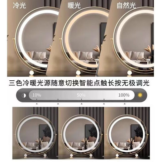 Perfeden Bedroom Mirror HD Smart Makeup Mirror with Light LED Dressing Mirror Desktop Rechargeable Desktop Dressing Table Makeup Mirror Beauty Makeup Mirror/Beauty Mirror Desktop Cylindrical Mirror Fashion White Diameter 50cm (Rechargeable Model)