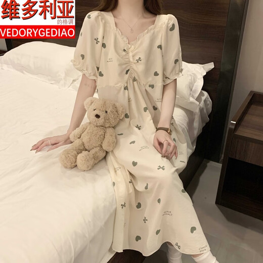 Victoria's Style Nighth Extown mit Brustpads Sommer Frauen High-End-Kurzärmel-Wolken-Baumwoll-Hauskleidung süßer loser Pyjamas Kleid #QSM-9871 mit Brustpolster abnehmbar m 160 () Empfohlenes Gewicht B