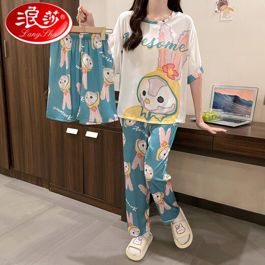 LangSha Light Luxury Ice Feel Pajamas Women's Three Piece Summer New Short Sleeve Loose Large Size Ice Silk Home Clothes Set 2405# Navy Blue Camellia Three Piece Shorts 2XL 140-160Jin Jin is equal to 0.5 kg