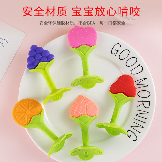 Baby Teething Stick Three-dimensional Fruit Teether Baby Silicone Chewable Newborn Teething Device Soothing Teether Toy Grape + Strawberry Bag Food Grade Silicone-Fruit Teether Sheet