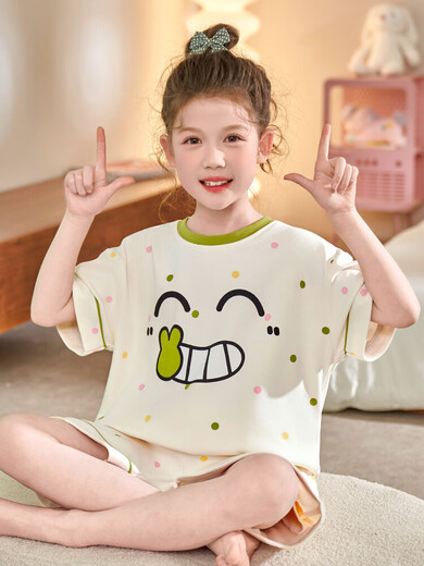 Mädchen Pyjamas Sommer 2025 Neues Kapibala reines Baumwoll große Kinderheimkleidung kurzärmelige Mädchen Sommer dünner Stil N829 Pacha 100 cm/8 Größe [Höhe 85-102 cm]