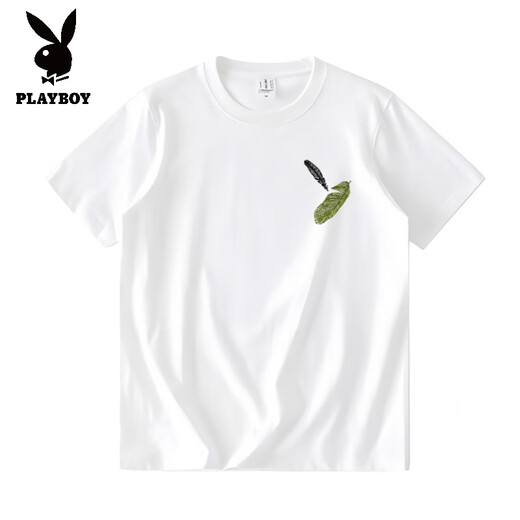 Playboy (Playboy) Sommer Amerikaner Stil hübsches Männer purer Baumwoll kurzärmelige T-Shirt Herren einfache und vielseitige Print-Ins Modemarke Loose Top Black [kleines Bild auf der vorderen linken Seite K1098 Zwei Stücke kleiner Federn suggeriert 90-100jin [Jin gleich 0,5 kg]