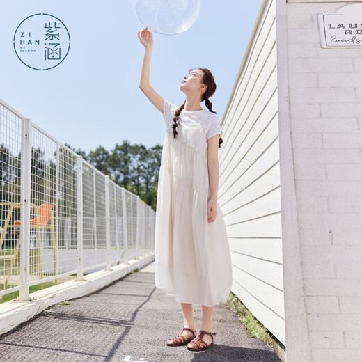 Zihan (ZIHAN) Zihan pure white round neck short-sleeved T-shirt lace suspender dress two-piece suit for women 2025 summer new style Almond White M
