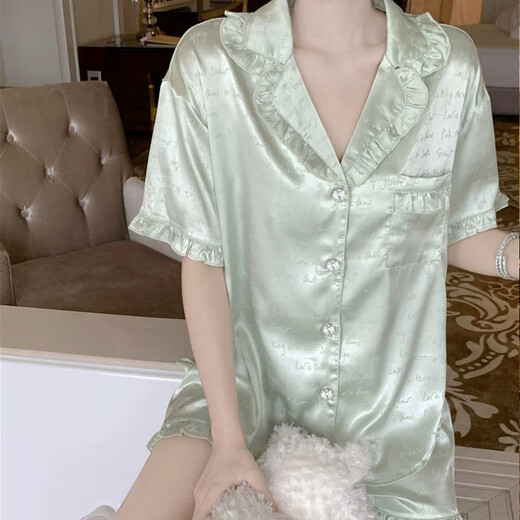 莫代尔睡衣女夏季天冰丝凉感显白感绿色家居服短袖可外穿套装 9221 绿色 L 【建议95-115斤】