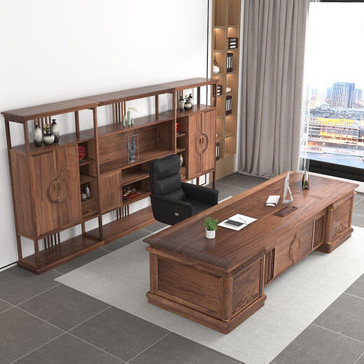 HEGRISEN new Chinese style solid wood executive desk boss desk ash wood bookcase combination president chairman office high-end furniture 180 tables + 180 cabinets + free boss chair