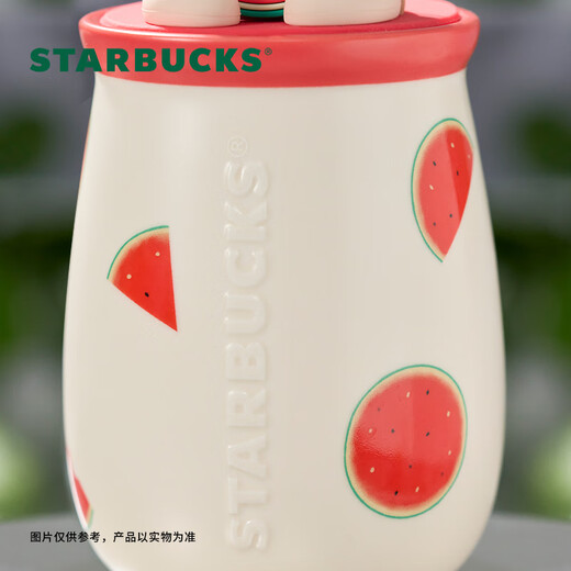 Starbucks (Starbucks) Cup Fruity Adventure Series Ceramic Water Cup Desktop Mug High-Looking Coffee Cup Gift for Men and Women Watermelon Bear Style Ceramic Straw Cup 430ml