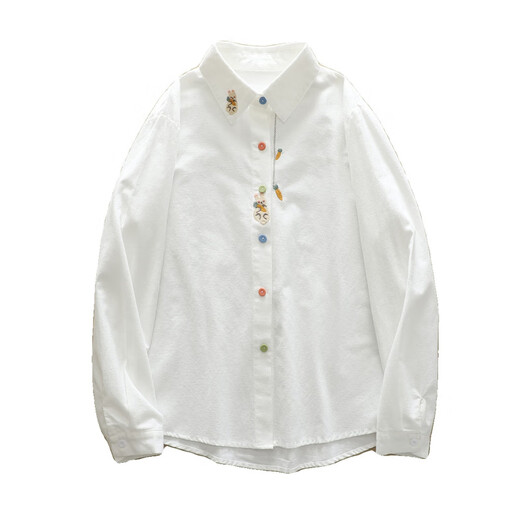 Oein Muhua Lane Women's Wear Literary Fresh Cartoon Embroidery Rabbit Carrot Colorful Buttons Front Shoulder Brushed White Shirt Women's Long White Pure Cotton Long Sleeve 175 L 120-130Jin Jin is equal to 0.5 kg