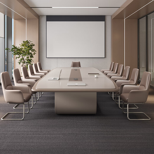 关牧（GUANMU）创意烤漆会议桌长桌 现代大型洽谈桌轻奢大气会议室培训办公桌子 4.5米会议桌+大会议椅14个