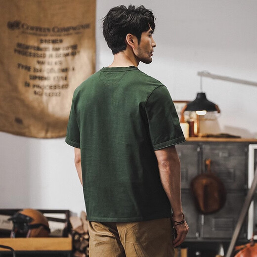 Jay Leno American 320g heavyweight t-shirt men's short-sleeved polo shirt men's 2025 new loose tough guy Henry shirt t-shirt for men military green 3XL suitable for 180-200Jin Jin equals 0.5 kg