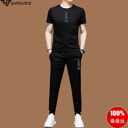 FALAMAONE  高端桑蚕丝男士休闲运动套装夏季新款男装时尚套装 7029黑色短袖+长裤 M 165/建议90斤-125斤穿