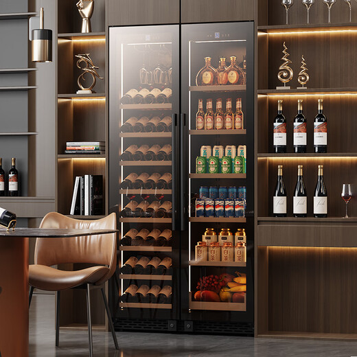 BAIKAILUN double-door thermostatic wine cabinet with double-door brown glass seamlessly embedded in large-capacity air-cooled frost-free office home tea beverage liquor wine fruit preservation refrigerator 1.8 meters | brown glass dual temperature zone | red wine + tea style 105 bottles thin section