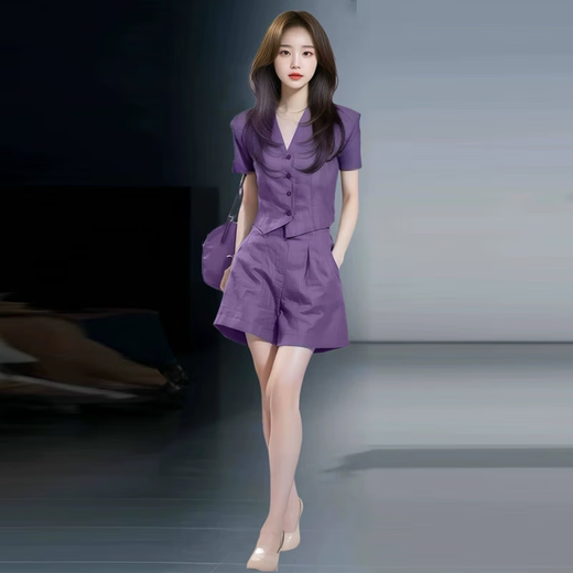 Xin Yimei suit suit women's thin 2026 summer new style slim V-neck sleeveless top wide-leg pants two-piece set purple short-sleeved top + purple trousers (set) M 95-110Jin Jin equals 0.5 kg