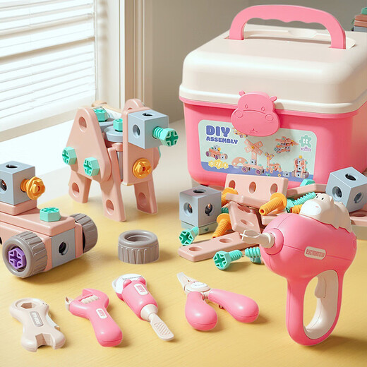 Jiaye Toolbox Juguetes para niños de 3 a 6 años Tornillo de tornillo Conjunto de cuchillo de reparación Desmontaje y ensamble la niña Taladro eléctrico DIY Set 103pcs [rosa] Bolsa