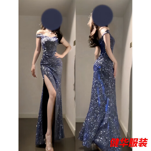 Meianjiagan Blue Sparkling One Shoulder Dress Feminine Catwalk Birthday Party Dress Sexy Slit Long Skirt Blue S