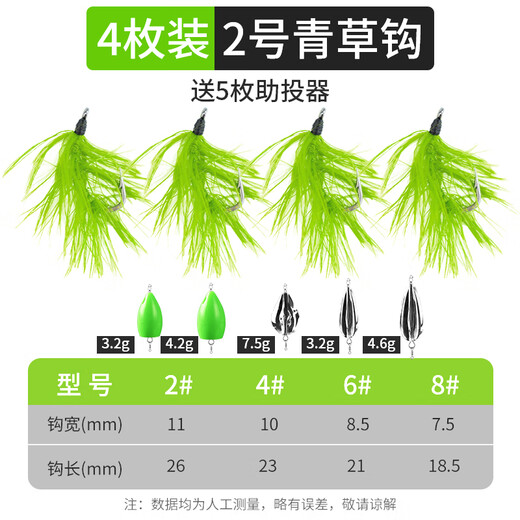 腾尹路亚假饵仿真青草钩仿生青苔水草鱼饵草鱼鲤鱼鳊鱼杂食性精绑鱼钩 4枚盒装】2号钩（送5枚助投器） 无规格