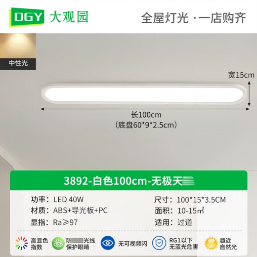 大观园过道灯走廊灯led吸顶灯现代简约北欧长条客厅灯书房阳台灯具263 3892-白100cm-中性光40W-全光谱